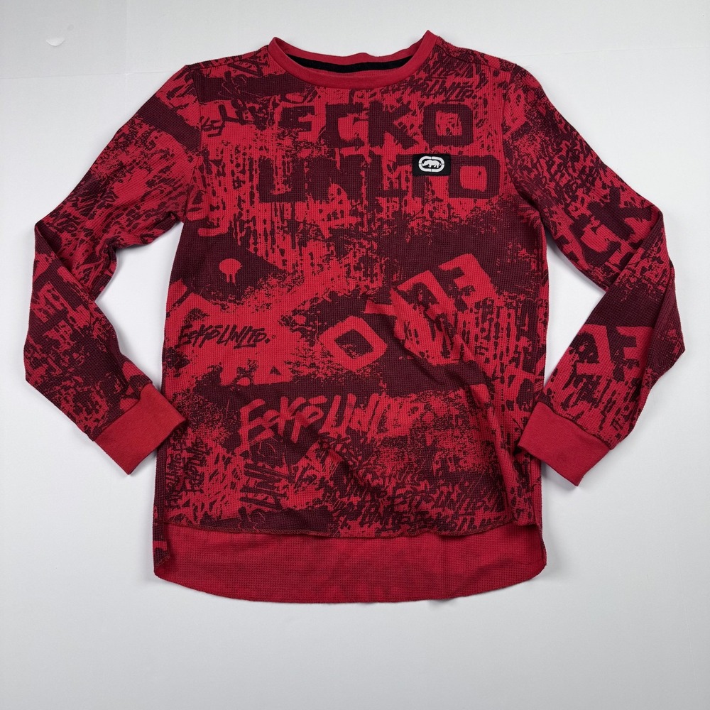 Ecko Unltd Shirt Mens Medium (Fit S) Red Black Thermal Waffle Knit Long Sleeve
